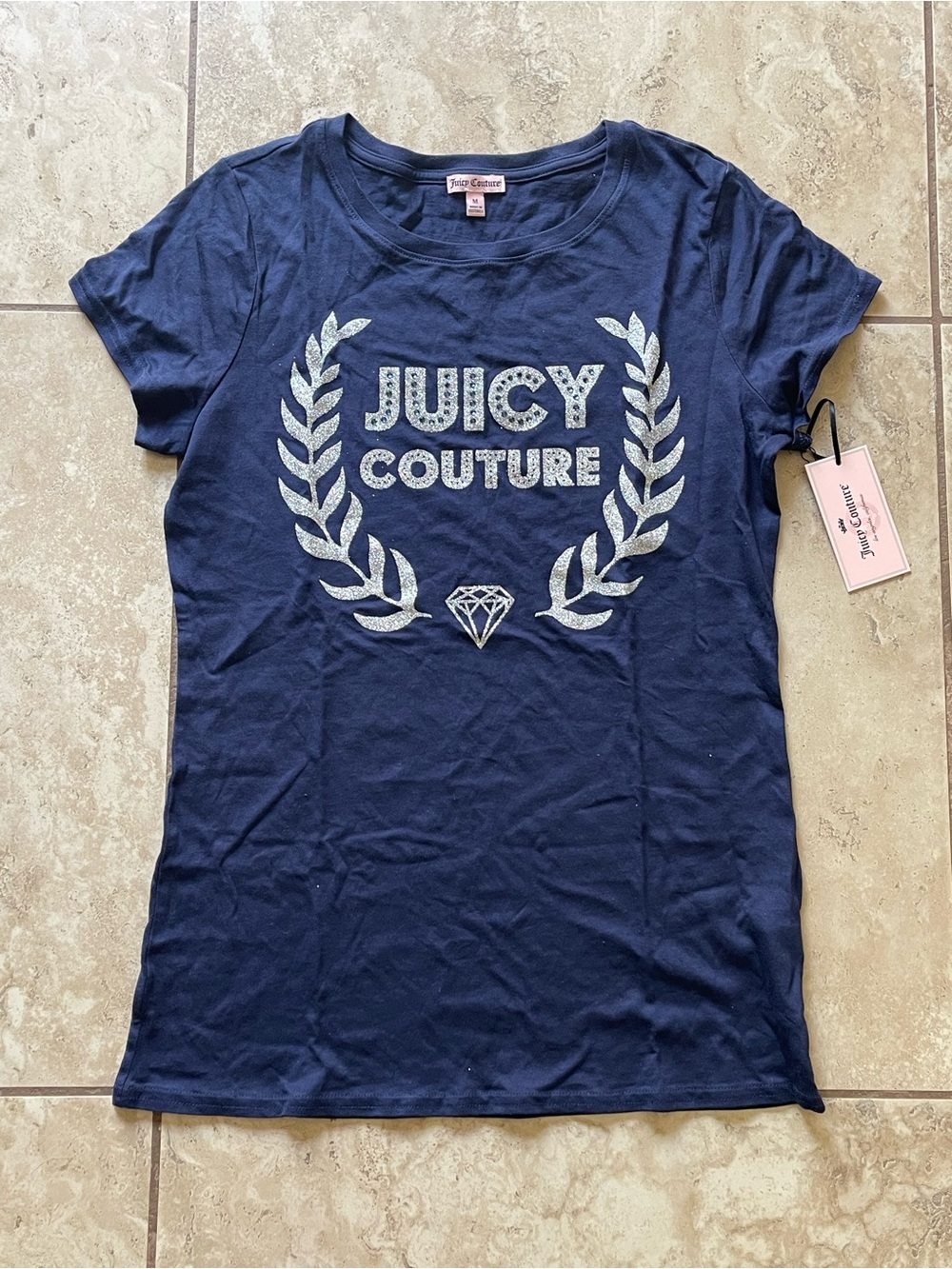 Juicy Couture Navy Blue Short Sleeve Tee with Silver Glitter Logo